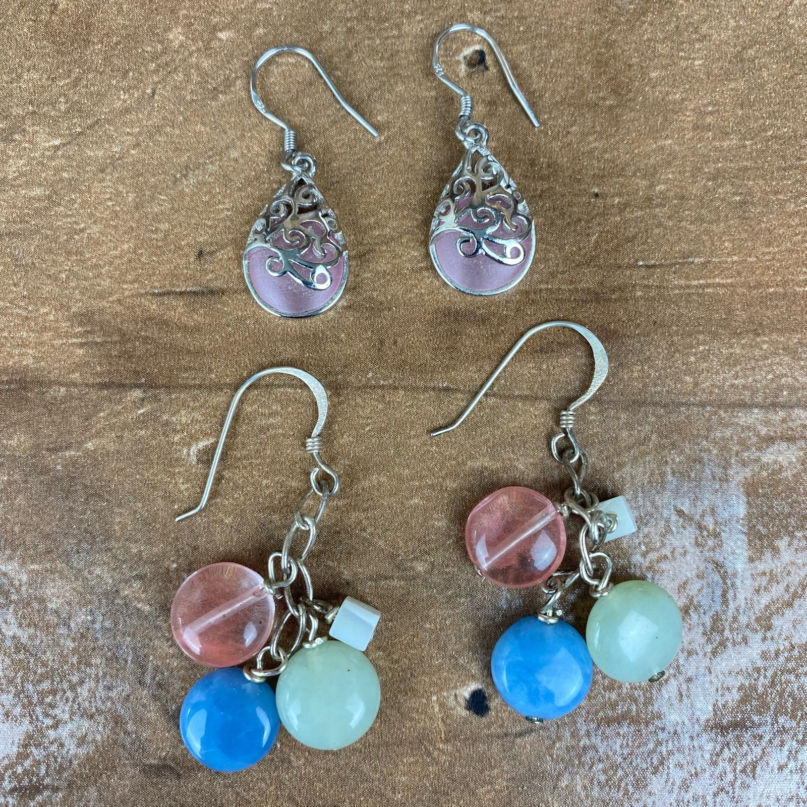 2 Pair Sterling Silver Semiprecious Stone Dangle Blue/Pink/Green Pastel Earrings